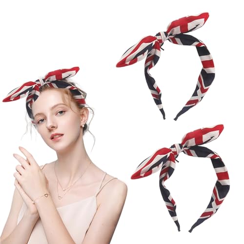 MUNSKT 2 Pcs Union Flag Bowknot Head Band Union Flag Bow Girls Headbands Bunny Ears Union Flag Headband Red White and Blue British Hairband for Girls Women Yoga Parade Party Cycling Outdoor Fitness
