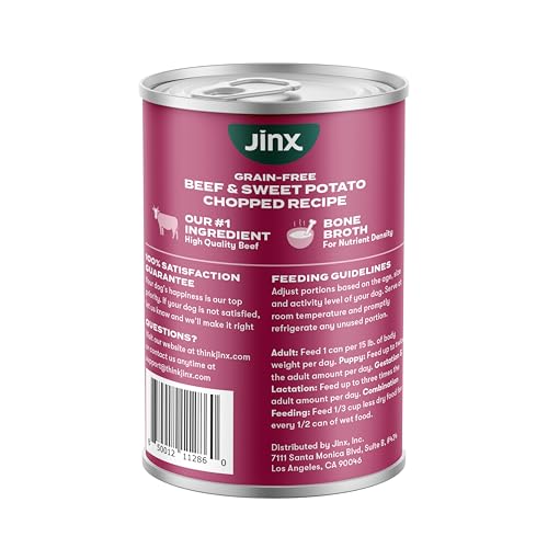 Jinx Wet Dog Food Pate, Grain Free, Made with Real Beef, Chicken, Beef Broth & Sweet Potatoes, No Fillers, for All Lifestages, 13oz Cans, 12 Pack