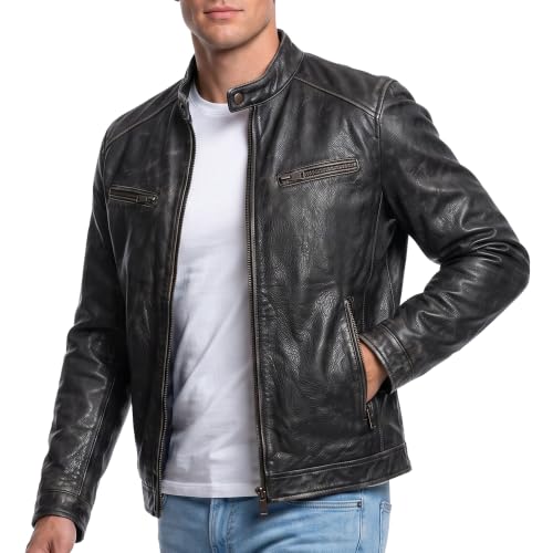 Image of Men Cafe Racer Motorcycle Style Solid Leather Jacket Slim Fit Motorcycle Brown Cafe Racer Leather Jacket