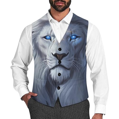 White Lion with Glowing Blue Eyes Novelty Men's Suit Vest Casual Formal Dress Vests Business Waistcoat