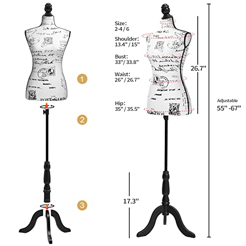 Bonnlo Female Dress Form Pinnable Mannequin Body Torso with Wooden Tripod Base Stand (Monogram Pattern, 6)