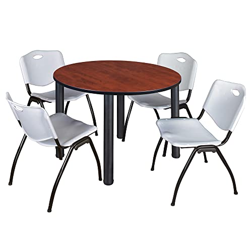 Romig Trek 48 in Round Breakroom Table- Cherry Top, Black Legs, 4 M Stack Chairs- Grey