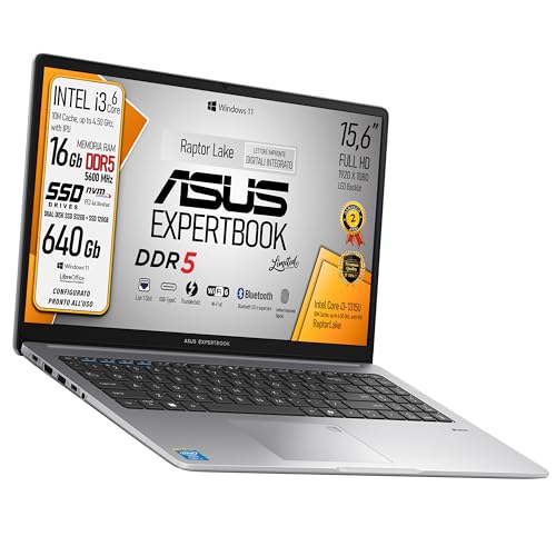 ASUS Expertbook, PC Portatile, cpu Intel Core i3 1315U 13Th 6Core, Ram DDR5 16Gb, SSD pci Nvme 640Gb, 512Gb+128Gb Display 15,6' Led FHD, Wi-Fi 6, 4 USB, BT, lan, Win11, fingerprint, pronto all'uso
