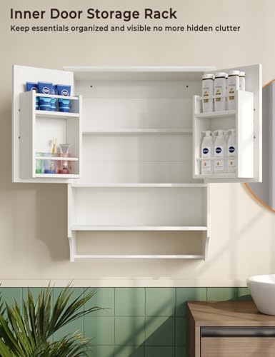 Tatub Farmhouse Bathroom Wall Cabinet, Wall Mounted Wood Medicine Cabinet Over Toilet, Hanging Bathroom Organizer with Behind Door Storage, White