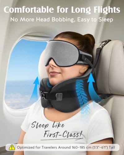 Image of YFONG Travel Pillow with Head Support & Sleep Mask for Long Flights, Grey | Patented 360 Support System, Prevents Bobbing, Airplane Head Strap, 3D Eye Mask, Memory Foam Neck Pillow, Travel Essential