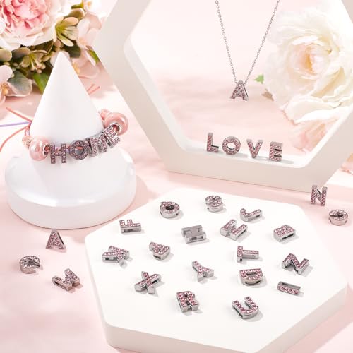 SUNNYCLUE 1 Box 52Pcs 26 Styles Crystal Alphabet Charm Bead 8mm Letter Rhinestone Charms Bulk Pink Metal Alloy Slide Full Rhinestones Art 3D A-Z Beads Charm for jewellery Making DIY Necklace Bracelet - Image 4