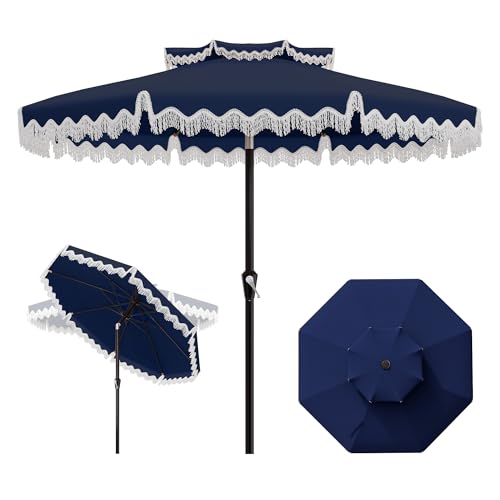 AreShark 9FT Patio Umbrella with Fringe, Wind-Resistant Fiberglass 8 Ribs Tassel Outdoor Umbrella with Crank and Push Button Tilt, Double Tier Vent Sun Shade for Pool, Deck, Backyard, Navy