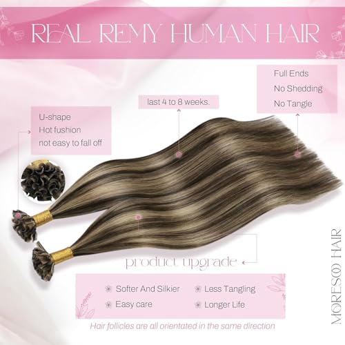 Image of Moresoo U Tip Hair Extensions Human Hair, Caramel Balayage, 18 Inch | 50g 50 strands, pre-bonded U tips, natural warm brown blend, added length and volume, daily styling