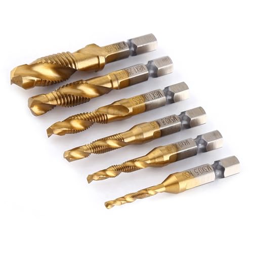 Yosoo Juego de 6 Brocas HSS con Varilla Hexagonal, Brocas de Roscado M3 a M10, Taladro y Roscado HSS Recubierto de Titanio