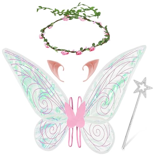 Ailes de Fée Adulte Enfant, Deguisement Fee Aile avec Oreille Elfe Couronne Fleur Baguette, Deguisement Papillon Ailes pour Fille Femme Halloween Carnaval Anniversaire Thème Fête (Rose)