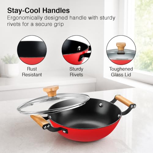 Image of Prestige Castlite Enamel Coated Cast Iron Kadai 20cm / 1.4L | Lightweight, High Heat Retention | Gas & Induction Compatible | Low-Oil Cooking | Stay-Cool Wooden Handles | Easy Clean | 15Y Warranty