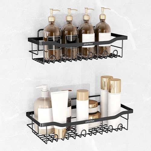Image of Plantex Self Adhesive Bathroom Shelf /Wall Mounted Bathroom Shelves & Accessories /Organizer for Kitchen /Drill Free Racks-Stands-Holders /GI Steel Shelf for Wall-Pack of 2-(Black)