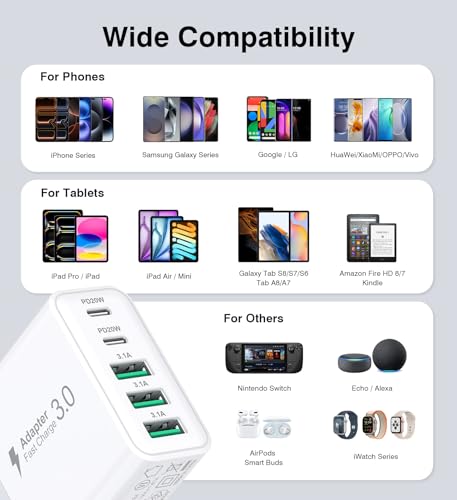 Image of 2Pack USB C Fast Charger Block, 60W 5-Port USBC Wall Charger Plug Adapter | PD20W USB-C & QC 3.0 USB-A Multiport Charging Block Cubes Power Adapter for iPhone 17 /16 /15 /14 /13 Pro Max,iPad Pro,Galaxy S26