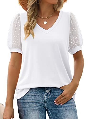 Aokosor Womens Summer Tops V Neck T Shirts Swiss Dot Puff Sleeve ...