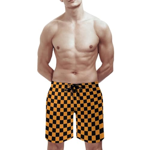 Hawaiian Shorts for Men - Black Orange Checkered Print Quick Dry Mens Swim Trunks Bathing Suits with Mesh Lining2