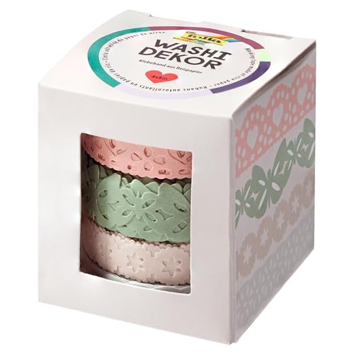 folia 29401 - Washi-Dekor, Spitzenbordüren aus Reispapier, 4er Set pastell, klebt auf zahlreichen Oberflächen, rückstandlos ablösbar, zum Verzieren und Dekorieren