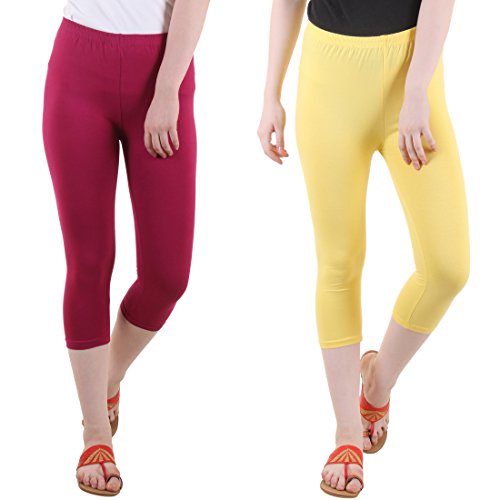 Image of DIAZ Women Cotton Stretchable Capri | Slim /Regular Fit | Breathable Yoga, Gym & Lounge Wear | High-Waist Stretchable 3 /4 Length Leggings with Wide Waistband - Pack of 2