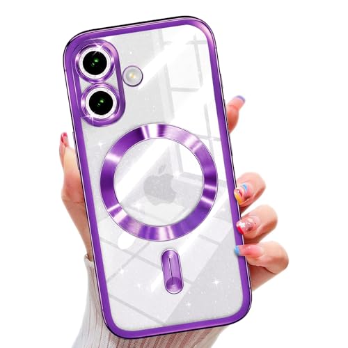 Image of Misscase for iPhone 17 Case with Privacy Screen Protector, Built-in Lens Protector, Compatible with MagSafe, Anti-Yellowing Shockproof TPU, Bling Glitter Electroplated Cover 6.3 inch Purple