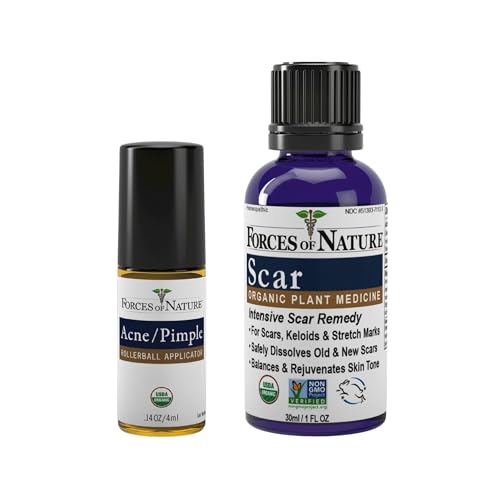 Forces of Nature Acne (0.14 fl oz) & Scar (1 fl oz) Treatment Bundle – Organic Roll-Ons for Pimples, Blackheads, Spot Treatment and Scar Care for Post-Acne – Non-GMO, No Alcohol, No Harsh Chemicals
