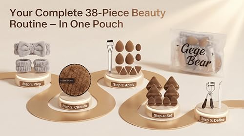 Image of Gege Bear 38-Piece Complete Beauty & Skincare Kit for Women | Spa Headband + Wrist Bands, 18 Sponges & Puffs, 8 Travel Bottles, Collapsible Brush Cleaning Tub, Eyelash Curler, Tweezers, Foundation Brush | All-in-One Makeup Starter & Travel Kit | (Hot Pink, 38 PCS)