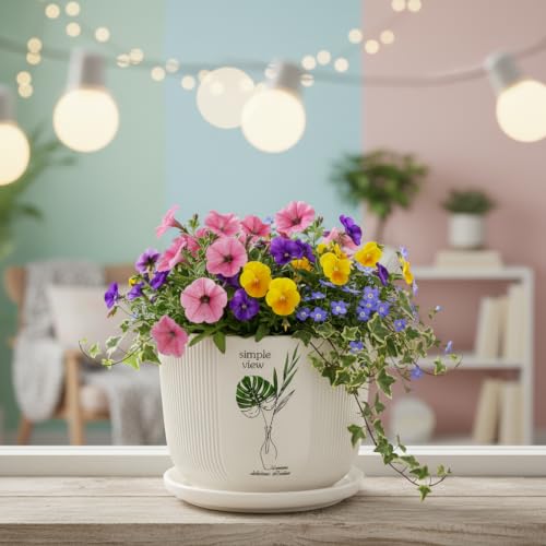 Image of Xtore Botanique Ceramic Planter with Drainage Tray | Ribbed Botanical Print Flower Pot for Balcony, Home, Study Table, Office Desk & Window Decor - (White, 1 Piece, Planter ONLY)