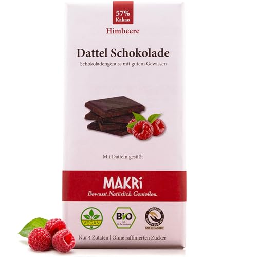 MAKRi Dattel Schokolade | Vegan & Bio Laktosefrei und Glutenfrei Ohne Zusatzstoffe | Dattelschokolade Ohne Raffinierten Zucker Schokolade mit Datteln Gesüßt (1 Tafel Himbeere 57%)