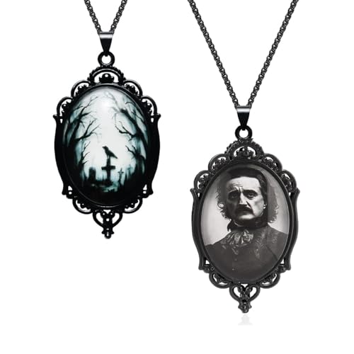 YWMAN 2Pcs Goth Edgar Allan Poe Necklace Set, Raven Cross/Black Cat Cameo Necklace, Gothic Literary Jewelry for Women, Halloween Jewelry for Book Lover & Dark Academia, Gothic Horror Reader's Gift