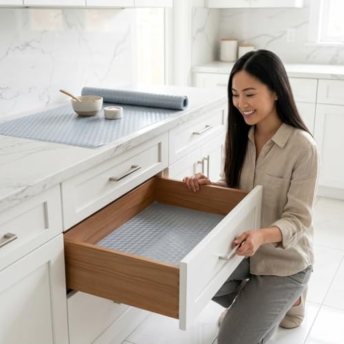 Image of Dribble EVA Shelf Liner Mat 45x500cm Roll, Non Slip Drawer & Cabinet Liner for Kitchen, Waterproof Oilproof Washable Fridge Mat, Anti Skid Cupboard Wardrobe Multipurpose Mat (Grey)
