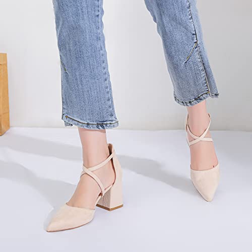 Zaynsia Women’s Chunky Heels Closed Pointed Toe Pumps Crossed Ankle Strap Comfortable Block Heels Dress Pump Shoes Beige/Suede #TOP1