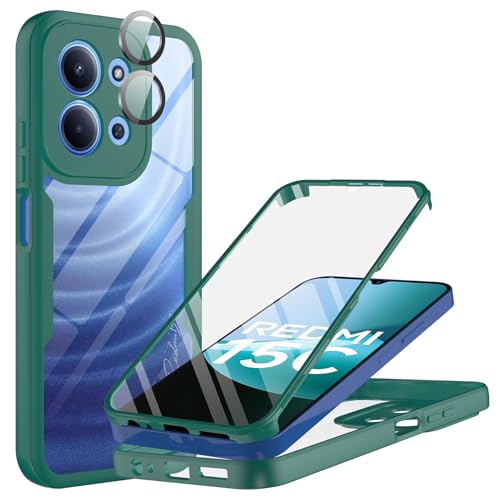 MQERYBV Coque pour Xiaomi Redmi 15C 4G/5G, Antichoc Housse avec Protection écran Dureté Caméra Arrière Protecteur Intégrale 360°Protection Double Face Case Bumper Robuste Transparente, Vert