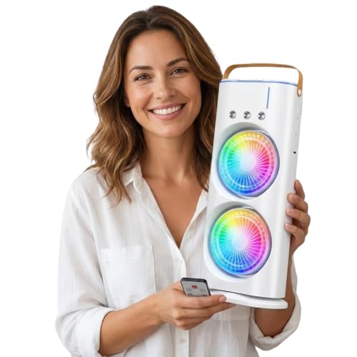 Drumstone (𝐒𝐩𝐞𝐜𝐢𝐚𝐥 𝟏𝟓 𝐘𝐞𝐚𝐫𝐬 𝐖𝐚𝐫𝐫𝐚𝐧𝐭𝐲) Personal Air Cooler Fan with Double Mist Spray, USB Powered Table Fan with LED Light, Remote Control & Ice Cooling