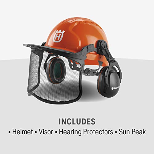 Husqvarna 592752602 Chainsaw Helmet With Metal Mesh Face Shield, Adjustable Ear Muffs For Hearing Protection, And Sun Peak, Hdpe Forestry Helmet Shell, Orange #TOP1