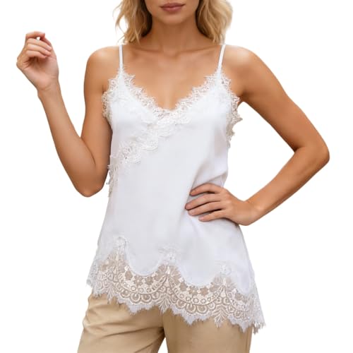 Débardeur femme en dentelle blanche L - Haut d'été sans manches bohème élégant