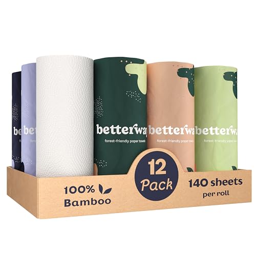 Image of Betterway Bamboo Paper Towels 12 Pack - Non Toxic, Eco Friendly, PFAS Free - 140 Sheets /Roll, 2-Ply, No Plastic, No Dyes, Compostable, Sustainable, Strong & Absorbent, FSC Certified, Natural, White