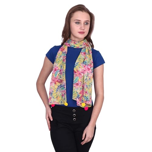 Image of POPWINGS Casual Yellow Printed Chiffon Scarf with pom-pom work