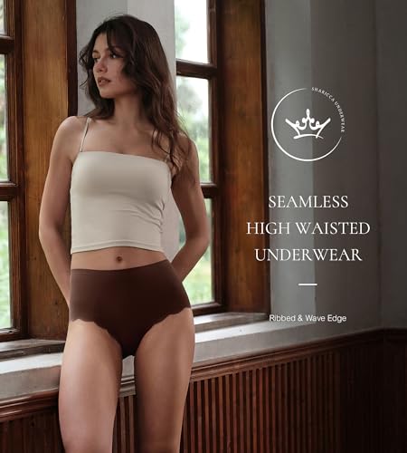 Image of SHARICCA Seamless High Waisted Underwear for Women Cheeky Underwear Wave Edge No Show Bikini Panties Ribbed Panties Pack