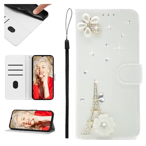 SEHEYA Hülle kompatibel mit Ulefone Note 18 Ultra Klapphülle Weiß PU Leder Glitzer Romantisch Paris Diamant Strass Bling Handyhülle Magnet Verschluss Tasche Schutzhülle Etui