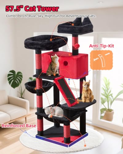 Image of Taoqimiao Gothic Cat Tree 57.5-Inch, Cat Tower for Indoor Cats Large Adult, Extra Large Cat Condo, 8 Sisal Scratching Posts, Metal Frame Cozy Hammock, Durable Scratch Board, 2 Top Perches, MS026BR