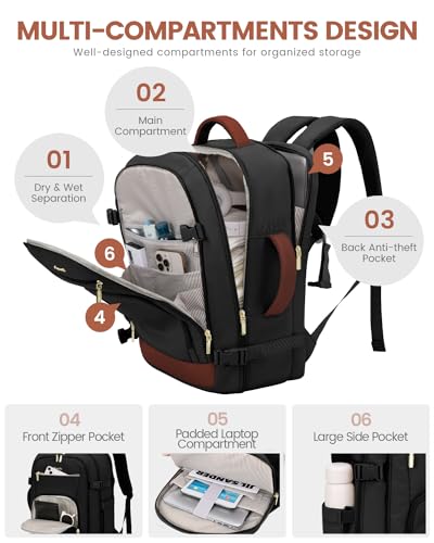 Image of LOVEVOOK Carry On Travel Backpack For Women Men Flight Approved, 40L Personal Item Backpack for Airplanes, Business Weekender Overnight Daypack Fits 17 Inch Laptop, With 2 Packing Cubes, Black-Brown
