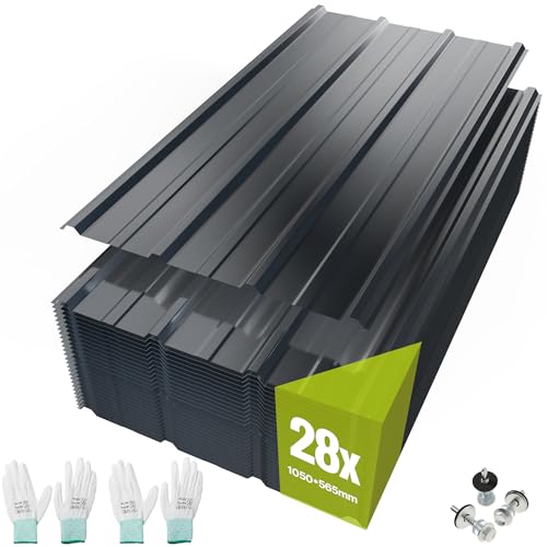 Image of Mondeer 28PCS 16.6m² Metal Roofing Sheets, Gloves and Screws, Dark Grey