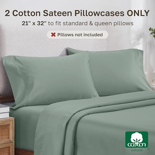 Image of California Design Den 800 Thread Count 2-Pack Standard Size Pillow Cases | Soft & Thick 100% Cotton Sateen Backed by GH Seal, Classic Side Opening 4 inch Hem, Fits Standard & Queen Pillows - Sage Green