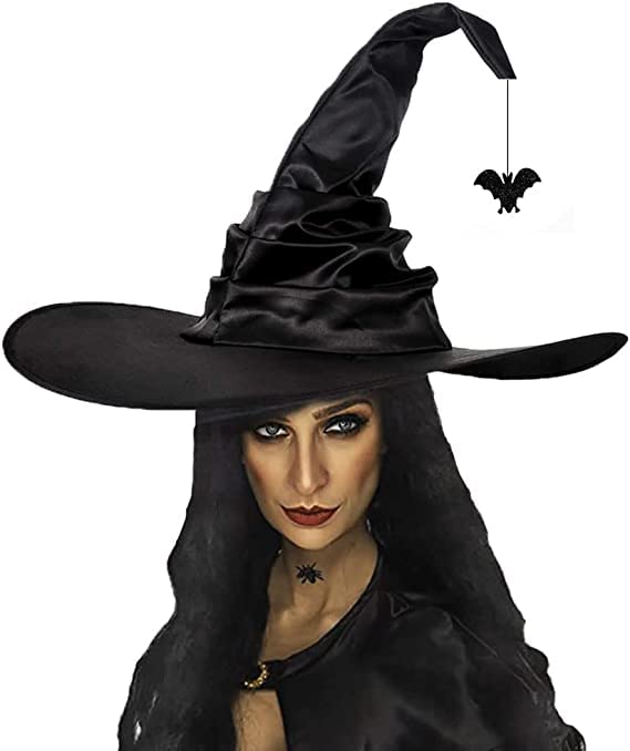 ITODA Halloween Ruched Witch Hats Wide Brim Pointed Wizard Hat Black Wicked Witches Hat Crooked Wizard Headwear Fancy Dress Party Witch Accessories for Halloween Carnival Cosplay Party