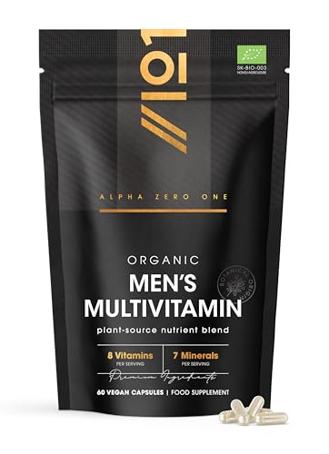 Organic Men's Multivitamins and Minerals - 100% Plant Based - 15 Organic Vitamins & Minerals – 60 Vegan Capsules – Resealable and Recyclable Pouch by Alpha01