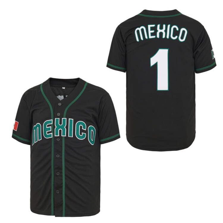 Men's #56#1 Mexico Jersey Button Down Short Sleeve Hipster Hip Hop Baseball Jersey (L, Black #1)