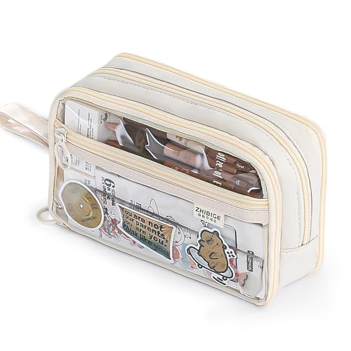 筆箱 ふでばこ 透明 両面開き いたペンケース 大容量 おしゃれ シンプル 筆入れ 持ち運び 小物入れ 収納ケース 小学生 中学生 高校生 男の子 女の子 オフィス‐ベージュのサムネイル