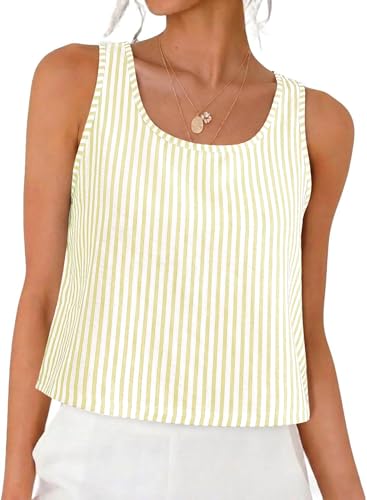Image of KISSMODA Womens Summer Tank Tops Scoop Neck Sleeveless Top Chic Stripe Crop Vest for Leggings