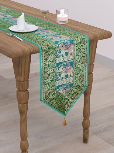 Image of Banarasi Brocade Zari Silk Table Runner Dinning & Centre Table Runner 177 by 30 CM (Green, Elephant)