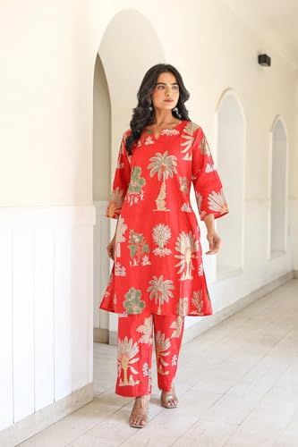 Image of LookMark Women's Viscose Rayon Printed Stitched Kurta with Pant | Red Color Kurta Set | Kurta with Pant Set for Woman | Printed Kurta Set