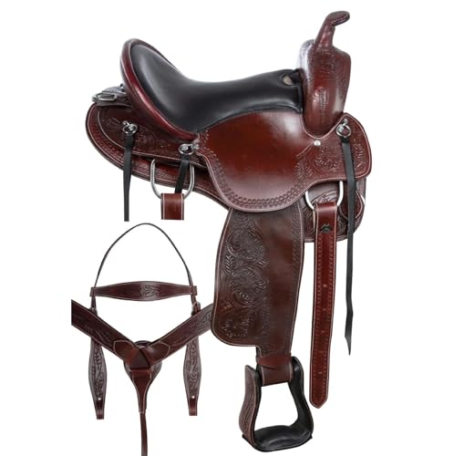 Western Saddle Barrel Racing Horse Pleasure Trail Floral Tooled Leather Rodeo Cowboy Tack Set ST-WLS-001 (siège de 30,5 cm)
