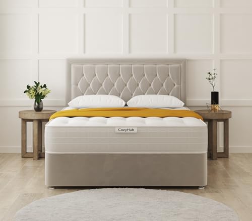 COZY HUB LTD Hilton Florida Divan Bed with 10 Inch Ortho Tufted Mattress & Plush Velvet Headboard – Luxury Divan Set with Drawer Storage Options. (Cream, 3Ft- 2 Drawers)